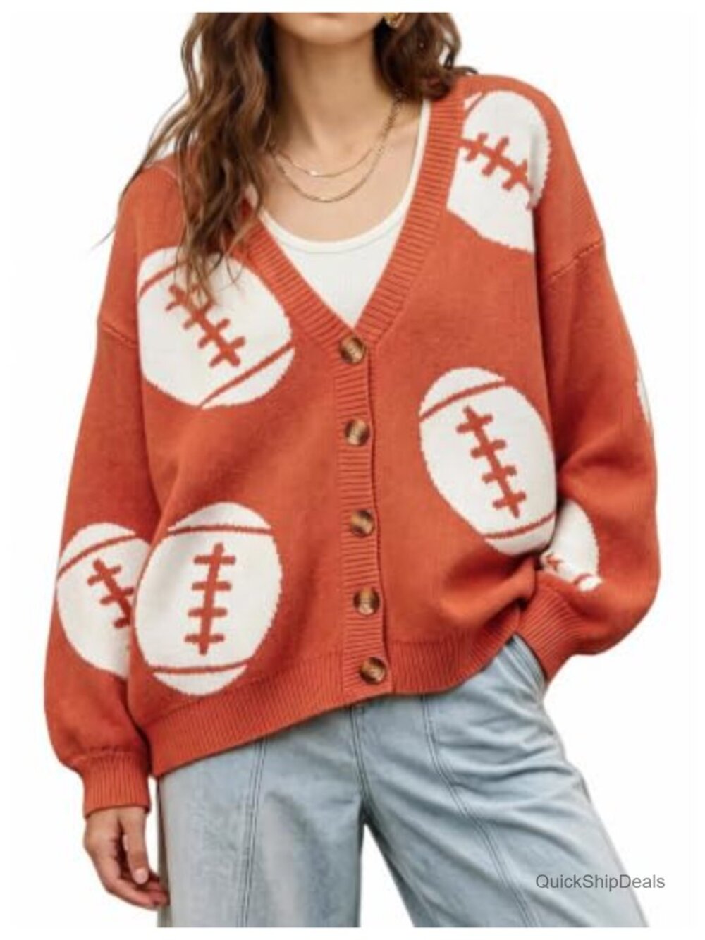 Oversized Football Knit Cardigan Button V-Neck Fall Game Day Sweater